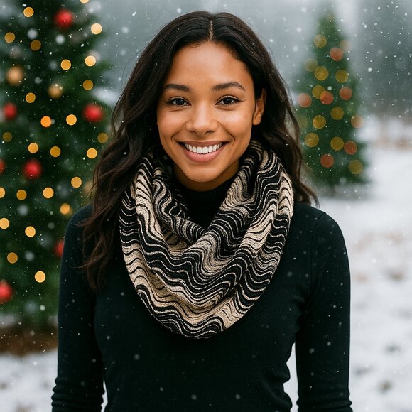 Calvin Klein Wave Knit Infinity Scarf Black Cream Textured Loop Cozy Winter - Picture 1 of 9